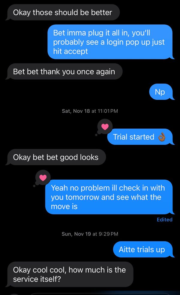 Client conversation showing a trial start and pricing interest