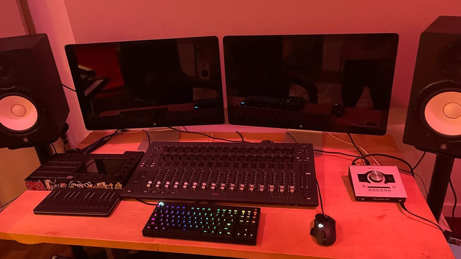 Main production desk — Yamaha HS8 monitors, ATL Fader